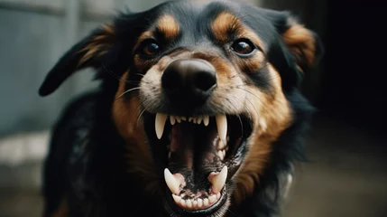 Gordijnen closeup aggressive dog growling and shows teeth © Маргарита Вайс