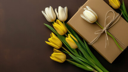 Spring greeting background.Tulips and box with gifts on a brown background.