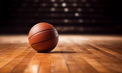Brown leather basketball on wooden floor, Ai generator - obrazy, fototapety, plakaty