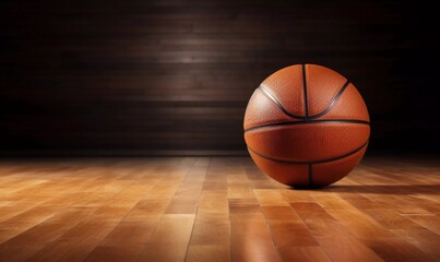 Brown leather basketball on wooden floor, Ai generator