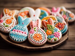 Fototapeta na wymiar Decorated Easter cookies on a wooden table, AI generator