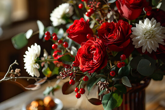 Festive Winter Flower Arrangement Red Roses White Chrysanthemum Berries  Vase Stock Photo by ©sarsmis 516982952