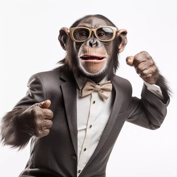 A young chimpanzee wearing glasses and a tie is dancing in front of a white background, AI generator
