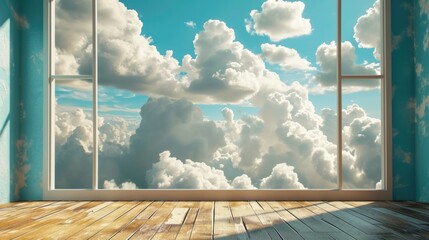 Room with blue clouds and wooden floor generative ai