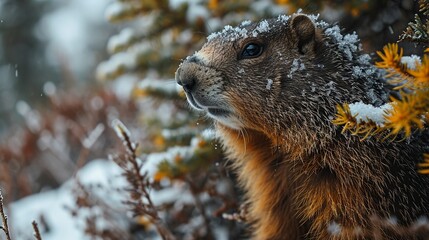 Groundhog Emerging from a Snow Covered Den. Marmot day close up portrait.