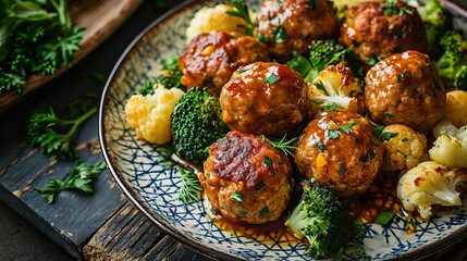 Meatballs with broccoli and cauliflower in a plate. - obrazy, fototapety, plakaty