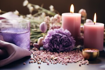 Spa still life with flowers and candles on wooden table, closeup