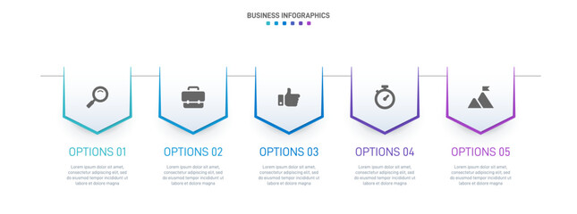 Timeline infographic with infochart. Modern presentation template with 5 spets for business process. Website template on white background for concept modern design. Horizontal layout.
