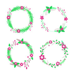 Floral frames. Round, oval, triangle, square Borders decorated with hand drawn delicate flowers, branches, leaves, blossom. Stock illustration.