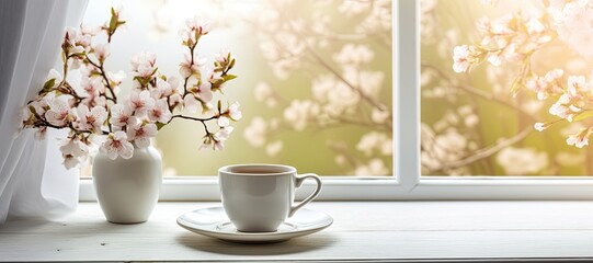 Fototapeta na wymiar Beautiful Cup of Coffee with Flowers Next to a Spring Window
