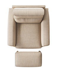 white armchair sofa with ottoman, top view, isolated on a transparent background