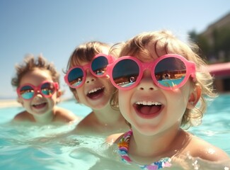 Happy children having fun in swimming pool on sunny day. Summer vacation concept