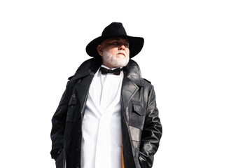Fototapeta premium Old-fashioned trendy elegant hipster grandpa in leather coat with bow-tie isolated on white isolated background.
