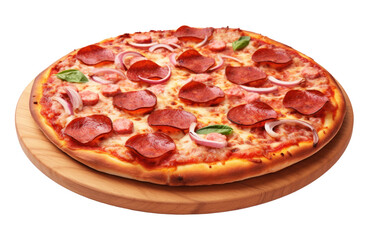 Whole pepperoni and onion pizza garnished with basil on a round wooden board on transparent background.
