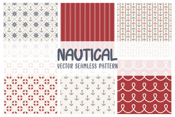 Flat Vector Nautical Seamless Pattern Set. Marine Seamless Patterns, Sea Print. Marine Equipment Seamless Patterns, Nautical Charm, Classic Style