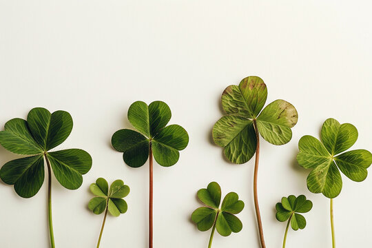 Row of Three-Leaf and Four-Leaf Clovers on White Isolated Background Created with Generative AI Tools