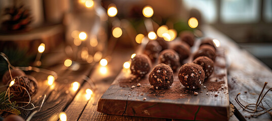 Fototapeta na wymiar Warm Brown Christmas Truffles Display with Glowing Lights