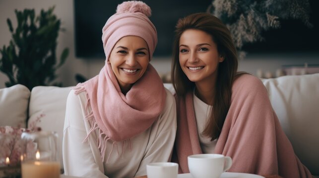 Two Women In Warm Clothes Are Drinking Tea And Smiling While Sitting On Sofa At Home