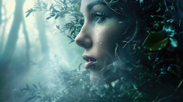 woman's face in a mystical foggy forest, ethereal background generative ai