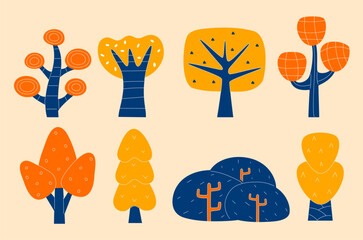 Doodle childrens trees. Primitive forest plants, childish simple woods with shrubs in naive style.