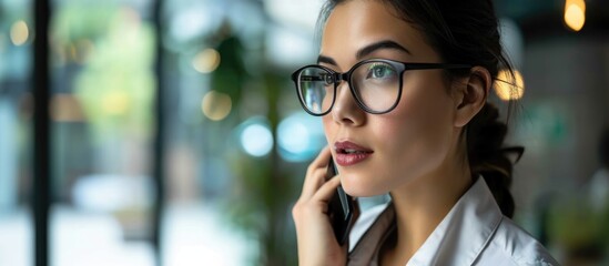 Professional woman talking on phone at work.