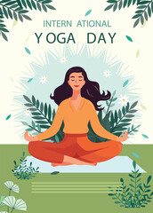 yoga international day poster template classical cartoon lady.