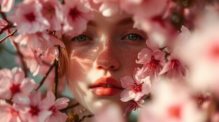 woman's face surrounded by cherry blossoms, springtime background generative ai