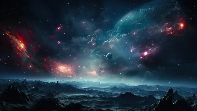 Flying over the blue planet. Galaxy and Nebula. Abstract space background. Endless universe with stars and galaxies in outer space. Cosmos art. Motion design.