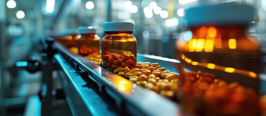 Medicine pills being filled in bottles on a production line conveyor at a pharmaceutical factory.