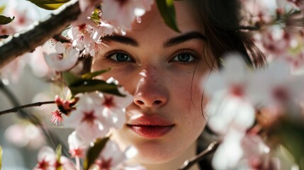 Fototapeta premium woman's face surrounded by cherry blossoms, springtime background generative ai