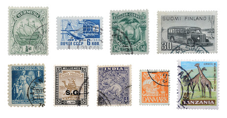 Stamps mail closeup on a white background.