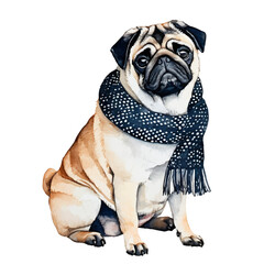 cute pug dog wearing scarf, graphic resources with transparent background, animal watercolor drawing