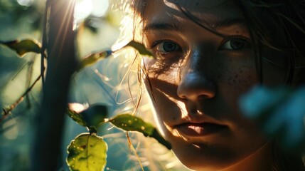 woman's face with gentle sunlight filtering through forest leaves, woodland background generative ai