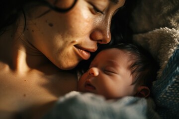 The picture captures the tenderness of an Asian mom with her baby in a peaceful sleep, embodying the essence of motherhood