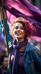 Young latin trendy woman hold feminist flag in a 8 march demonstration outdoors in the city streets. Women's rights, women's day concept. Generative AI - obrazy, fototapety, plakaty