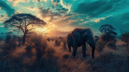 A breathtaking image captured for National Wildlife Day 2024, featuring a magnificent elephant standing gracefully in a field as the sun sets.