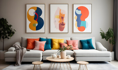 Light grey sofa with colorful multicolored pillows against wall with art poster frames. Pop art,...