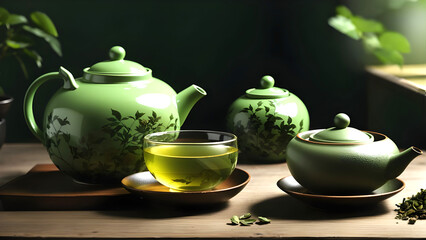 Obraz na płótnie Canvas Green teapot and cup of tea Ai Generated