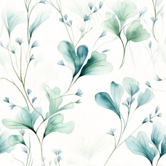 Seamless watercolor pattern with teal and green sea weeds on white background. Design for textile, wallpaper, wrapping paper, stationery. Poster for ocean-themed interior.