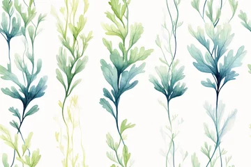Fotobehang Seamless watercolor pattern with teal and green sea weeds on white background. Design for textile, wallpaper, wrapping paper, stationery. Poster for ocean-themed interior. © NeuroCake