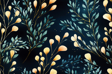 Seamless watercolor pattern with teal and orange sea weeds on black background. Design for textile, wallpaper, wrapping paper, stationery. Poster for ocean-themed interior. - obrazy, fototapety, plakaty