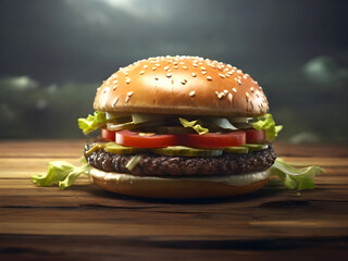 A large meat burger placed on the table Ai Generated