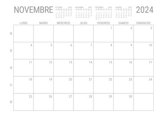 Calendrier Novembre 2024 Mensuel Planificateur avec Numero de Semaine à imprimer A4