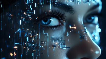 close-up of a person's face with digital elements, symbolizing the augmentation of human capabilities through AI-powered facial recognition and analysis