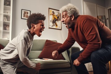 Family conflicts concept. Angry father scolds teen son. Adult man yells at boy. Rough parenting. - obrazy, fototapety, plakaty