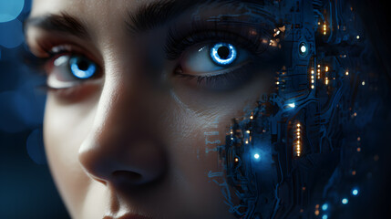 close-up of a person's face with digital elements, symbolizing the augmentation of human capabilities through AI-powered facial recognition and analysis