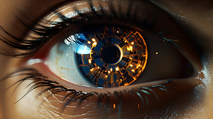 close-up of a person's eye with cryptocurrency symbols reflected, symbolizing the transparency and...