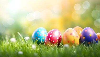colorful Easter eggs in green grass and flowers over nature blurred bokeh background daylight