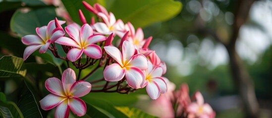 Pink and white flowers of the Apocynaceae family, known as Frangipani or Plumeria, found near temples and graveyards.