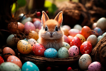 Fototapeta na wymiar Easter bunny in colorful eggs 